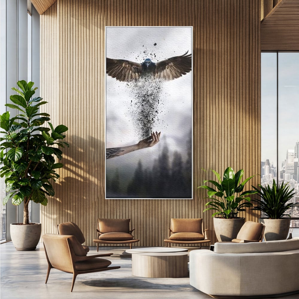 Tablou canvas cu tablou canvas cu pasare si mana din cenusa, in rama de aluminiu argintiu, pe perete intr-un birou